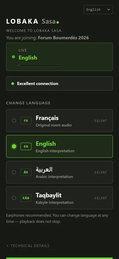 Página del participante en el teléfono: el canal English en escucha, el estado de la conexión y la lista de idiomas disponibles.