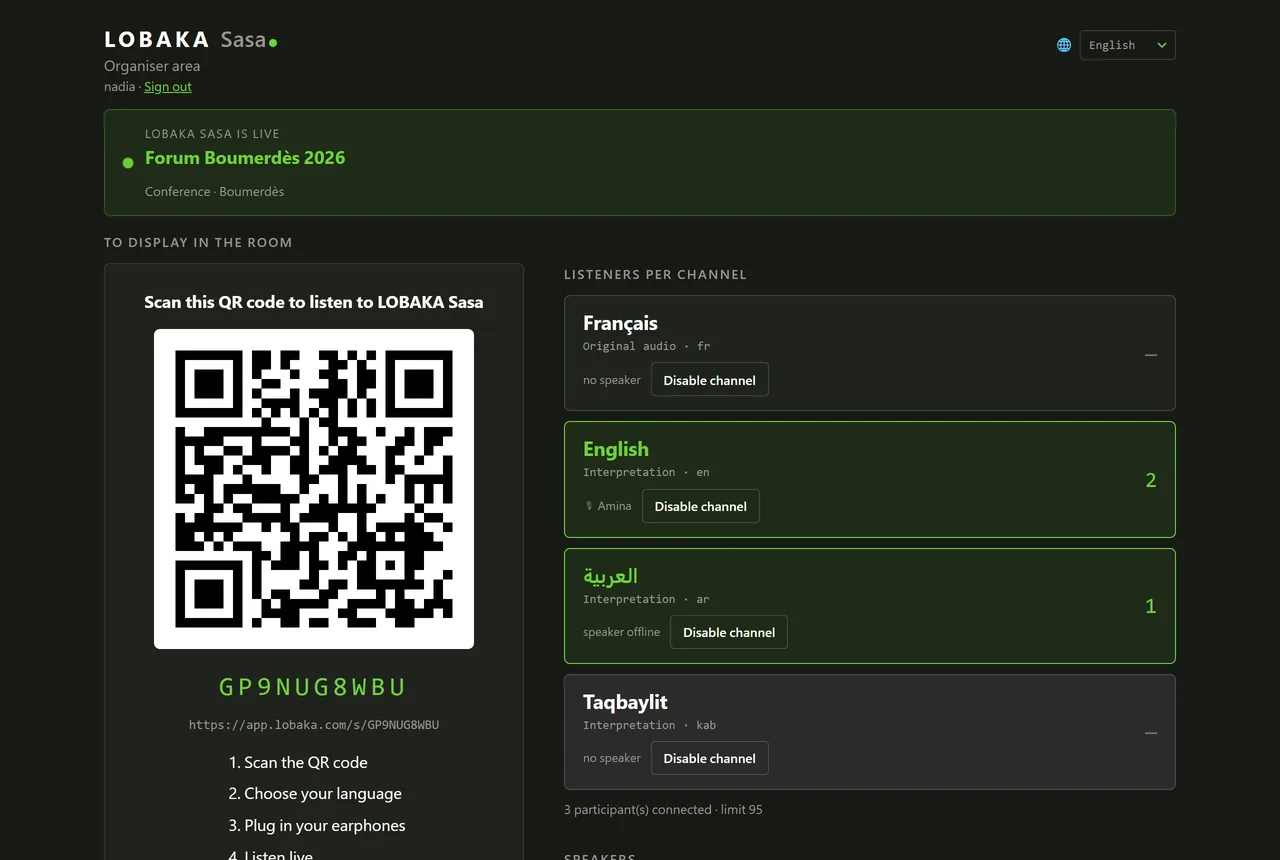 Espacio del organizador durante una sesión en directo: el código QR para proyectar en la sala, el número de oyentes por canal y el interviniente activo en cada canal.