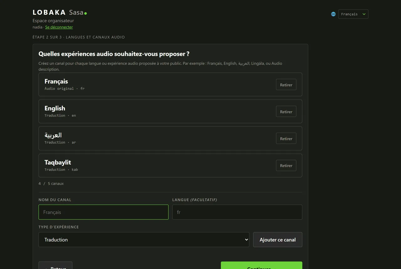 Espace organisateur, étape 2 sur 3 : la liste des canaux audio créés (Français, English, العربية, Taqbaylit) et le formulaire d'ajout d'un canal.