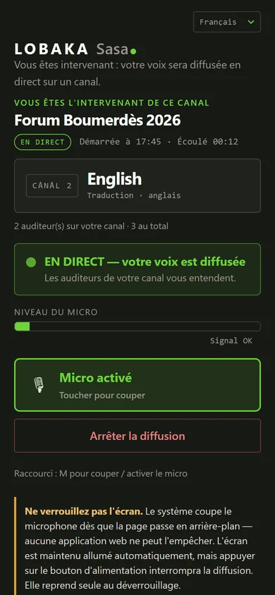Tableau de bord du Parleur sur téléphone : session en direct, canal English, indicateur « en direct — votre voix est diffusée », niveau du micro et bouton pour couper le micro.