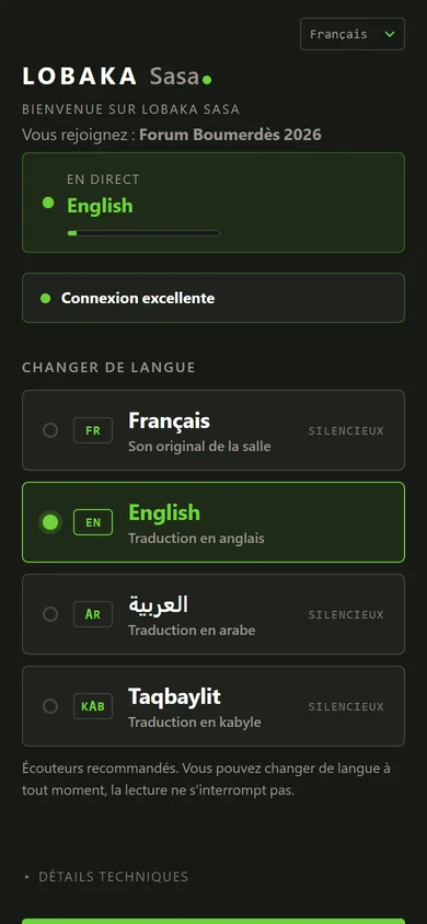 Page de l'Écouteur sur téléphone : le canal English en cours d'écoute, l'état de la connexion et la liste des langues disponibles.