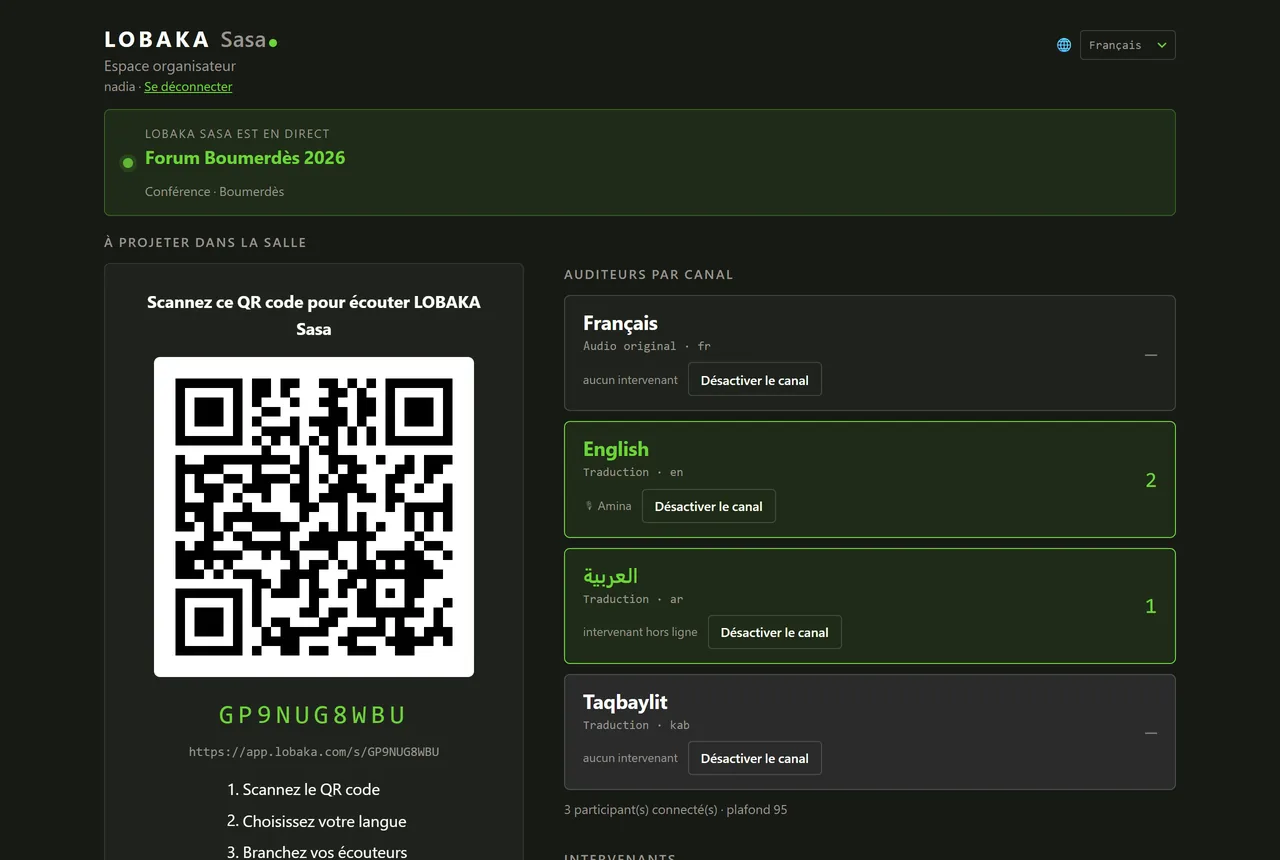 Espace organisateur pendant une session en direct : le code QR à projeter dans la salle, le nombre d'auditeurs par canal et l'intervenant actif sur chaque canal.
