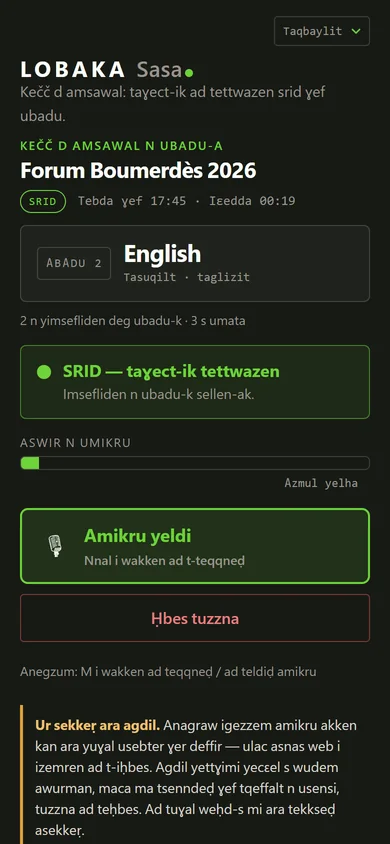 Tafelwit n umsawal ɣef tiliɣri: tiɣimit srid, abadu English, amatar « srid — taɣect-ik tettwazen », aswir n umikru d tqeffalt n usgugem n umikru.